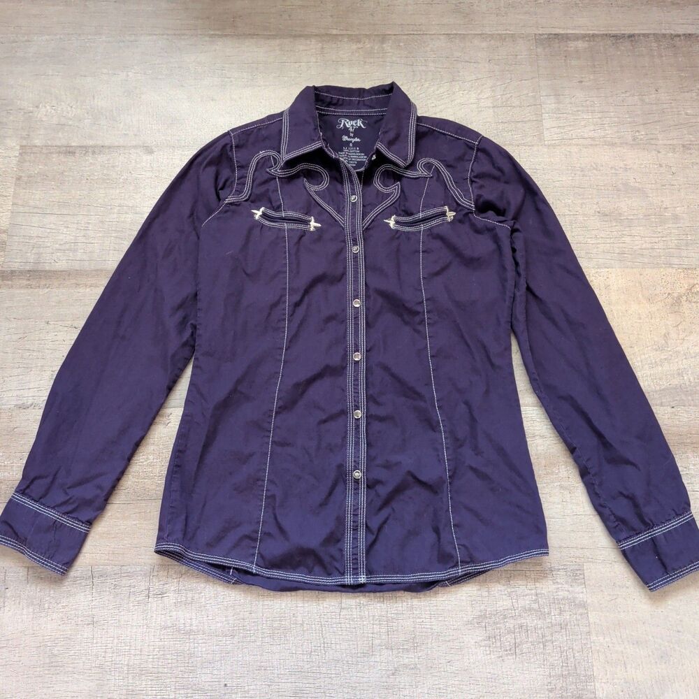 Rock 47 By Wrangler S Western Shirt Snap Purple Embroidered Rodeo Rhinestone - Picture 5 of 7